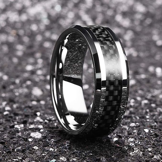 Genuine Carbide Tungsten 8mm ring silver with black carbon fiber inlay, Comfort Fit wedding band Size 6-15