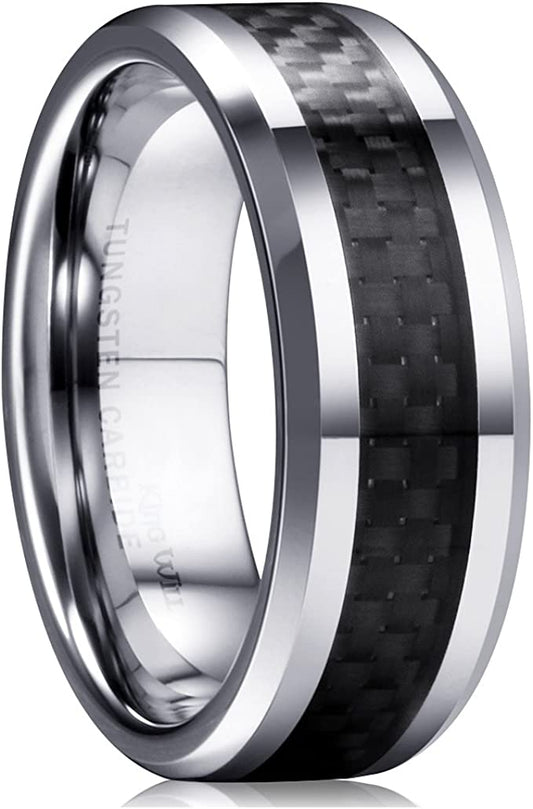 Genuine Carbide Tungsten 8mm ring silver with black carbon fiber inlay, Comfort Fit wedding band Size 6-15