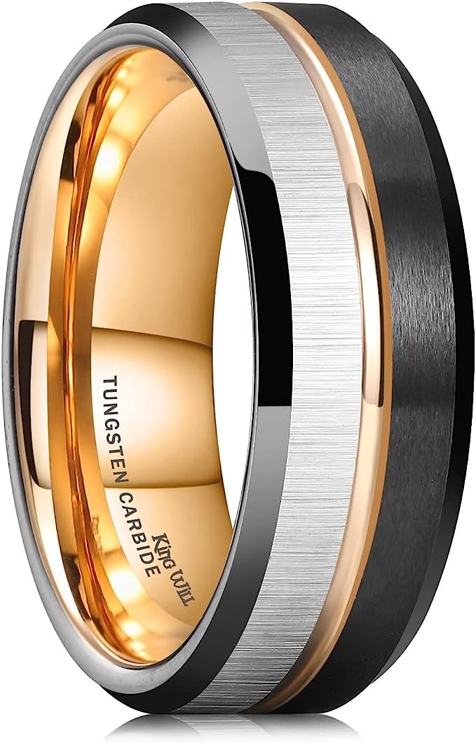 One: Genuine Tungsten Carbide 8mm Silver/Black Gold GROOVE DESIGN: one groove, Two Brushed Finish, Three color design Comfort Fit wedding band Size 6-15