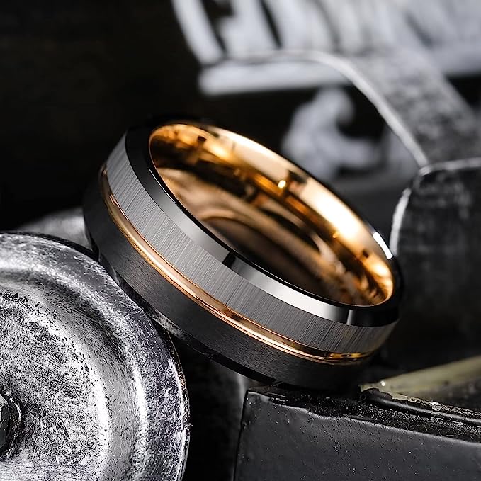 One: Genuine Tungsten Carbide 8mm Silver/Black Gold GROOVE DESIGN: one groove, Two Brushed Finish, Three color design Comfort Fit wedding band Size 6-15