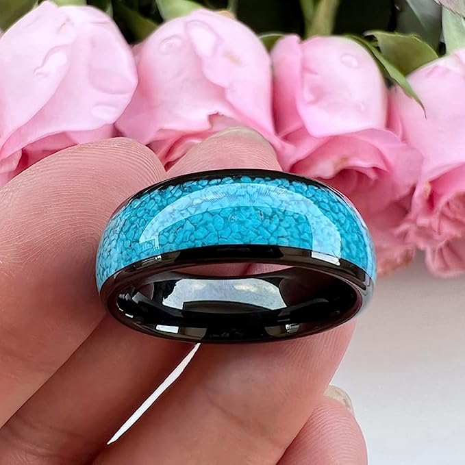 Genuine Carbide Tungsten Color:  BLACK 8mm RING Turquoise Inlay Domed Polished Shiny Comfort Fit Wedding Band Size 6-15