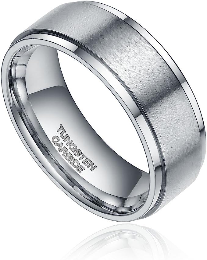 Genuine Carbide Tungsten Color: SILVER Brushed 8mm RING Polished Shiny Comfort Fit Wedding Band Size 6-15