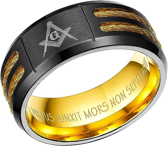 Genuine Titanium Black 8mm Wide Gold tone Masonic Man Ring High Polished Comfort Fit.