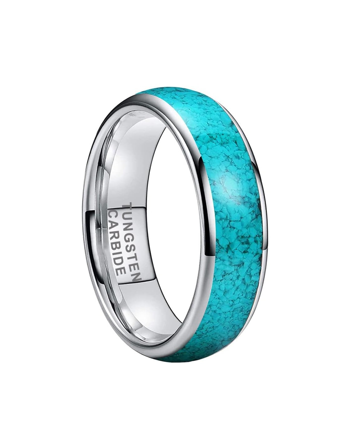 Genuine Carbide Tungsten Color:  SILVER 6mm RING Turquoise Inlay Domed Polished Shiny Comfort Fit Wedding Band Size 6-15