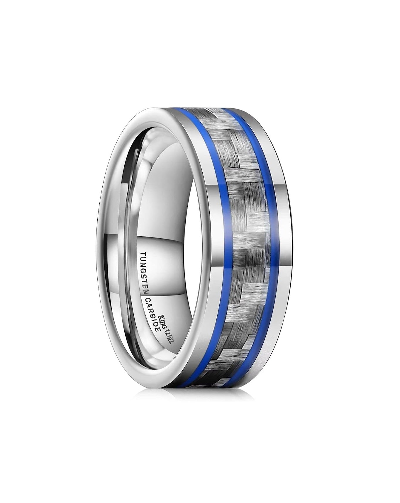 Genuine Tungsten Carbide 8mm silver tungsten ring with black blue carbon fiber inlay, Comfort Fit wedding band Size 6-15