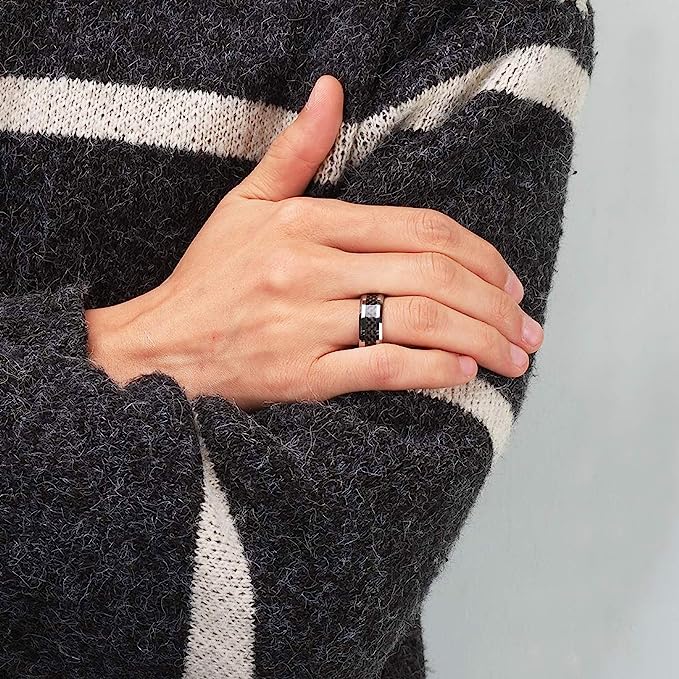 Genuine Carbide Tungsten 8mm ring silver with black carbon fiber inlay, Comfort Fit wedding band Size 6-15