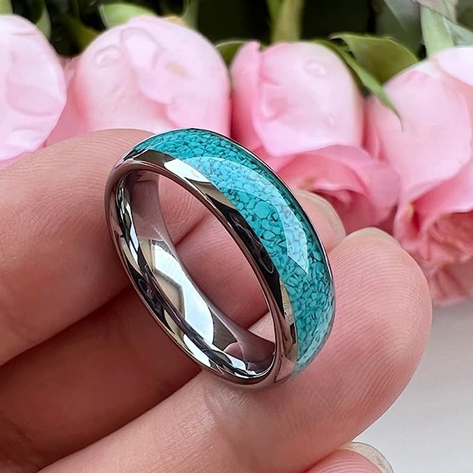 Genuine Carbide Tungsten Color:  SILVER 6mm RING Turquoise Inlay Domed Polished Shiny Comfort Fit Wedding Band Size 6-15