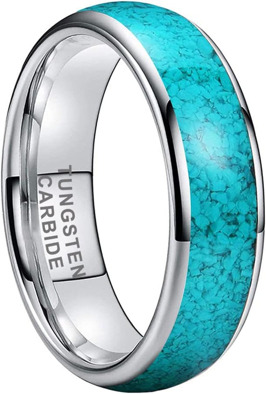 Genuine Carbide Tungsten Color:  SILVER 6mm RING Turquoise Inlay Domed Polished Shiny Comfort Fit Wedding Band Size 6-15