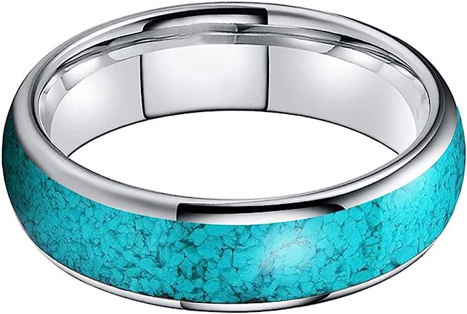Genuine Carbide Tungsten Color:  SILVER 6mm RING Turquoise Inlay Domed Polished Shiny Comfort Fit Wedding Band Size 6-15