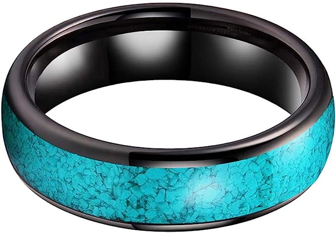 Genuine Carbide Tungsten Color:  BLACK 6mm RING Turquoise Inlay Domed Polished Shiny Comfort Fit Wedding Band Size 6-15