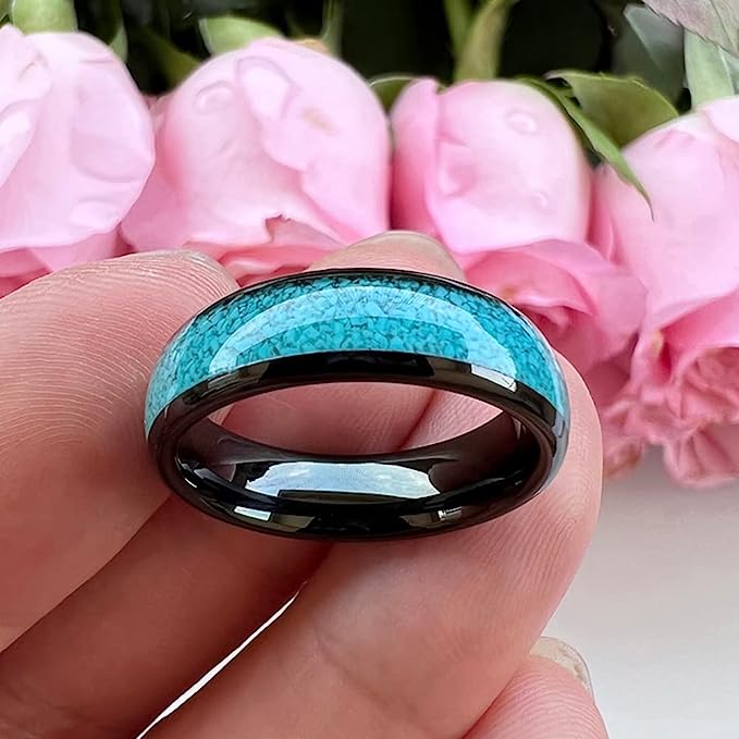 Genuine Carbide Tungsten Color:  BLACK 6mm RING Turquoise Inlay Domed Polished Shiny Comfort Fit Wedding Band Size 6-15