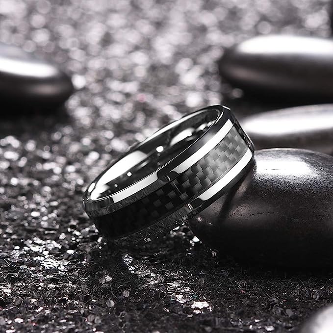 Genuine Carbide Tungsten 8mm ring silver with black carbon fiber inlay, Comfort Fit wedding band Size 6-15