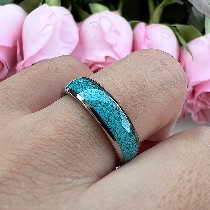 Genuine Carbide Tungsten Color:  SILVER 6mm RING Turquoise Inlay Domed Polished Shiny Comfort Fit Wedding Band Size 6-15