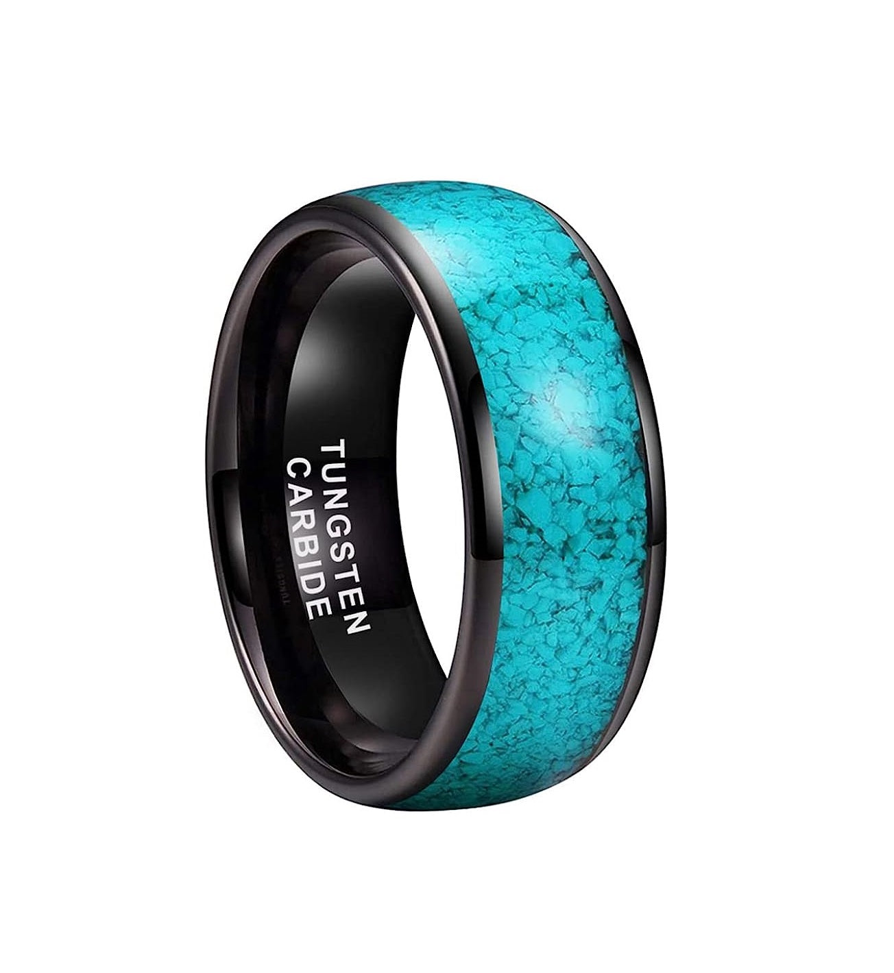 Genuine Carbide Tungsten Color:  BLACK 8mm RING Turquoise Inlay Domed Polished Shiny Comfort Fit Wedding Band Size 6-15