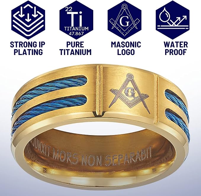 Genuine Titanium Gold tone  8mm Wide Blue Masonic Man Ring High Polished Comfort Fit.