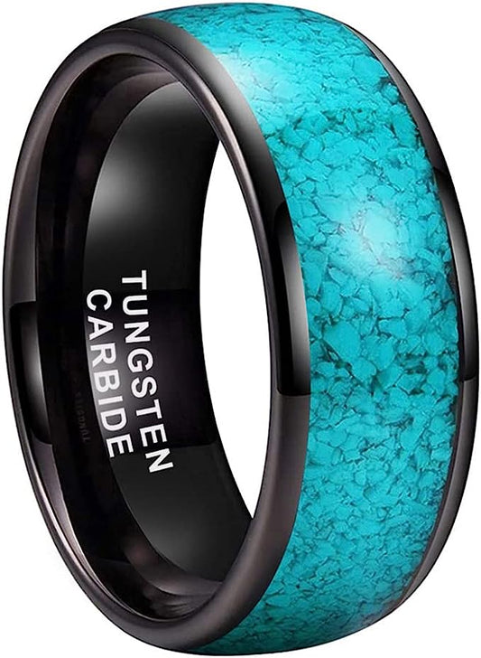 Genuine Carbide Tungsten Color:  BLACK 8mm RING Turquoise Inlay Domed Polished Shiny Comfort Fit Wedding Band Size 6-15