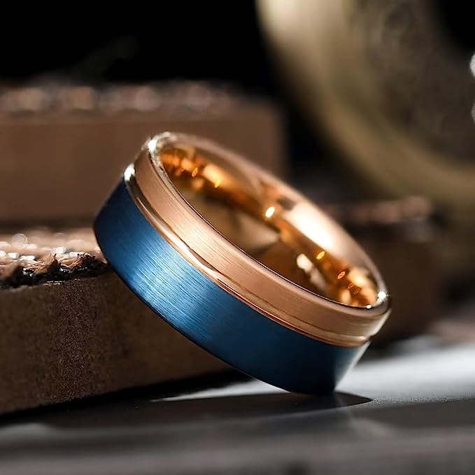 Genuine Tungsten Carbide 8mm Rose Gold groove Line polished inner face shining finish,  Surface Brushed blue Finish Comfort Fit wedding band Size 6-15