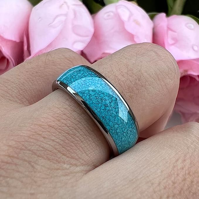 Genuine Carbide Tungsten Color:  SILVER 8mm RING Turquoise Inlay Domed Polished Shiny Comfort Fit Wedding Band Size 6-15