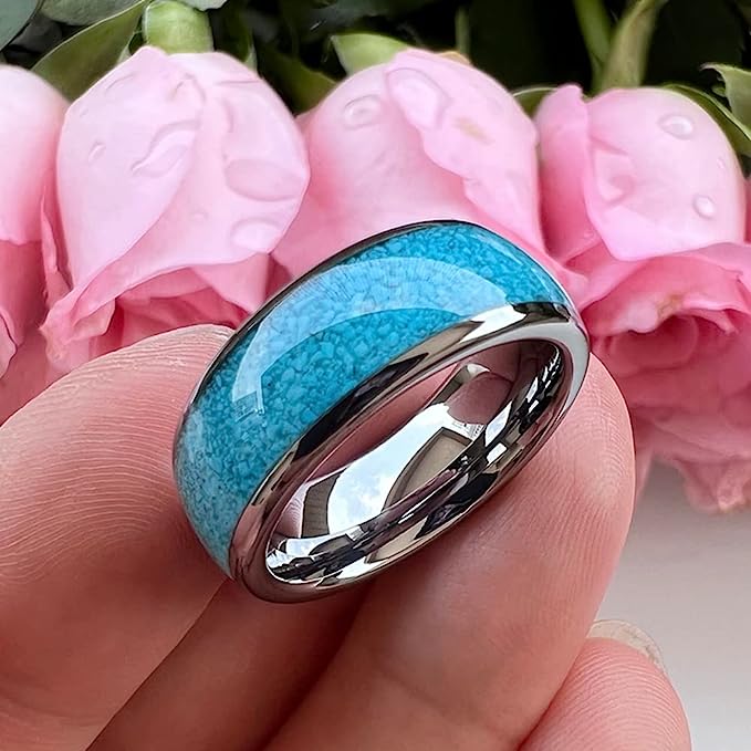 Genuine Carbide Tungsten Color:  SILVER 8mm RING Turquoise Inlay Domed Polished Shiny Comfort Fit Wedding Band Size 6-15