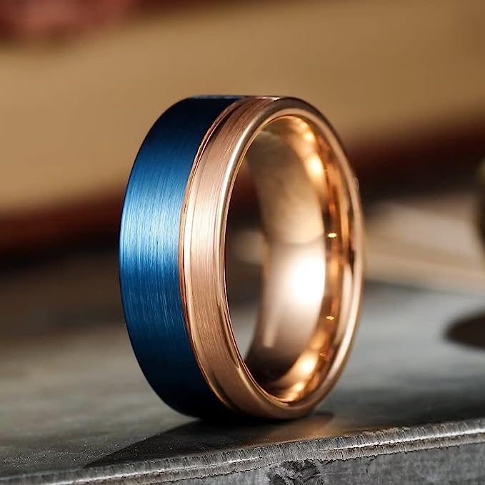 Genuine Tungsten Carbide 8mm Rose Gold groove Line polished inner face shining finish,  Surface Brushed blue Finish Comfort Fit wedding band Size 6-15
