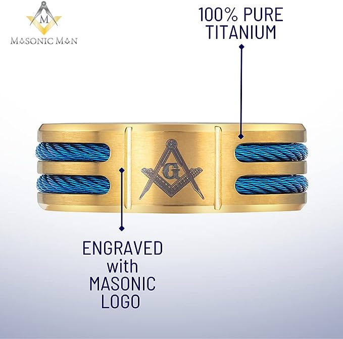 Genuine Titanium Gold tone  8mm Wide Blue Masonic Man Ring High Polished Comfort Fit.