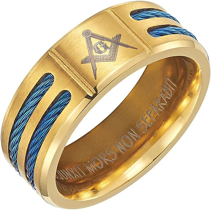 Genuine Titanium Gold tone  8mm Wide Blue Masonic Man Ring High Polished Comfort Fit.