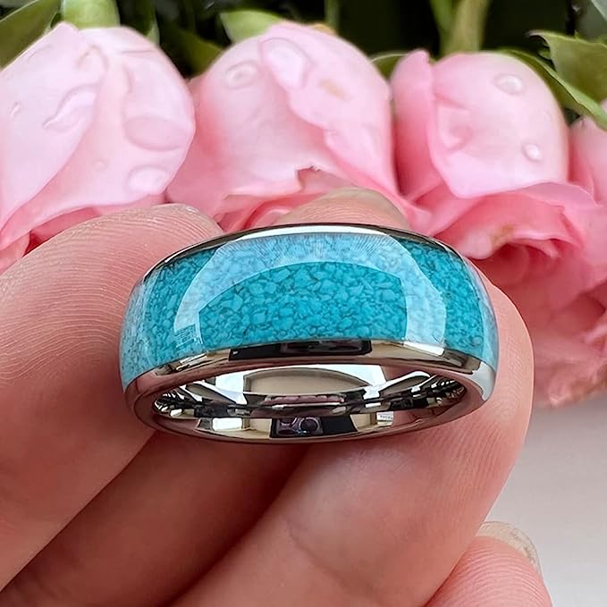 Genuine Carbide Tungsten Color:  SILVER 8mm RING Turquoise Inlay Domed Polished Shiny Comfort Fit Wedding Band Size 6-15