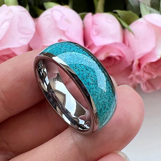 Genuine Carbide Tungsten Color:  SILVER 8mm RING Turquoise Inlay Domed Polished Shiny Comfort Fit Wedding Band Size 6-15