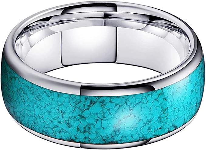 Genuine Carbide Tungsten Color:  SILVER 8mm RING Turquoise Inlay Domed Polished Shiny Comfort Fit Wedding Band Size 6-15
