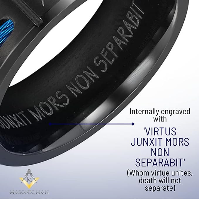 Genuine Titanium Black 8mm Wide Blue Masonic Man Ring High Polished Comfort Fit.