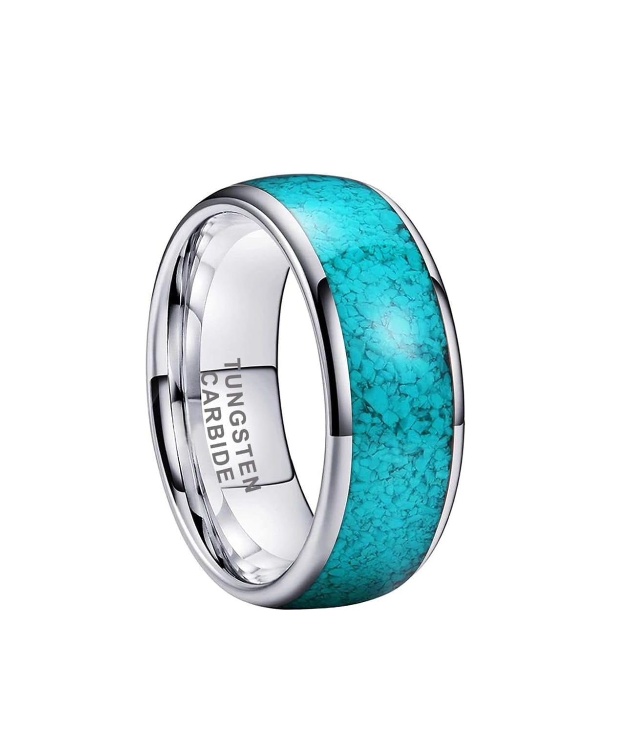 Genuine Carbide Tungsten Color:  SILVER 8mm RING Turquoise Inlay Domed Polished Shiny Comfort Fit Wedding Band Size 6-15