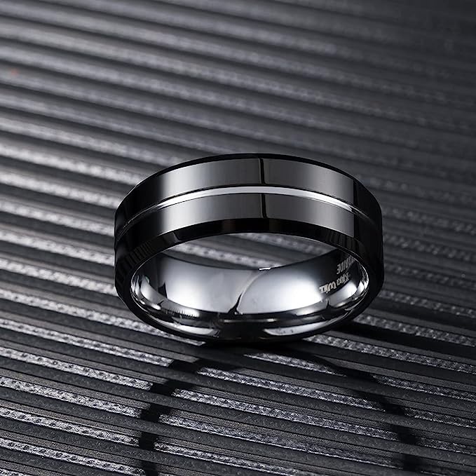 Genuine Carbide Tungsten Color: 8mm Wide SILVER SHINY finish & grooved center and high polished inner-face design smooth and shiny. Comfort Fit Wedding Band Size 6-15