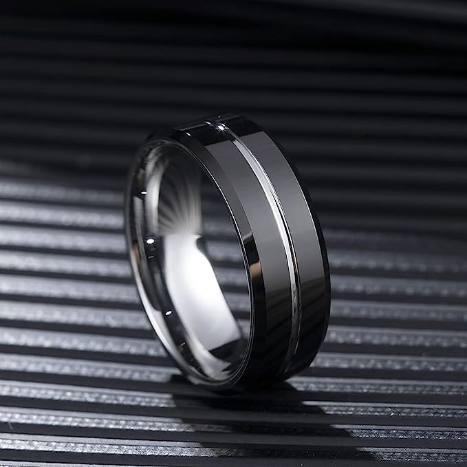 Genuine Carbide Tungsten Color: 8mm Wide SILVER SHINY finish & grooved center and high polished inner-face design smooth and shiny. Comfort Fit Wedding Band Size 6-15