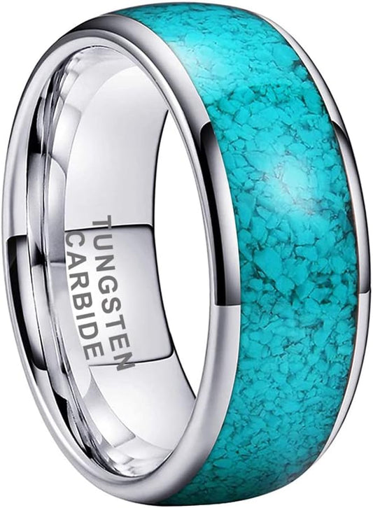 Genuine Carbide Tungsten Color:  SILVER 8mm RING Turquoise Inlay Domed Polished Shiny Comfort Fit Wedding Band Size 6-15