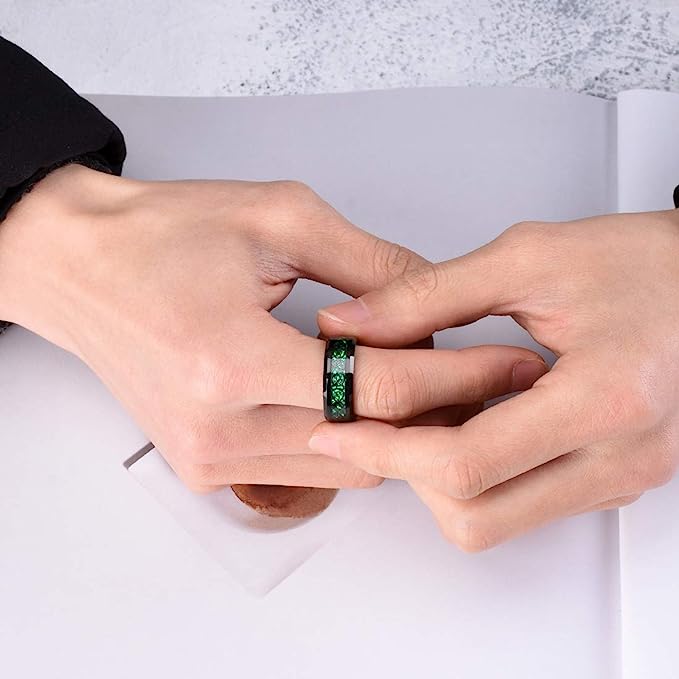 Genuine Carbide Tungsten Color: BLACK Laser Celtic Dragon GREEN Fiber Inlay 8mm RING Polished Shiny Comfort Fit Wedding Band Size Size 6-15