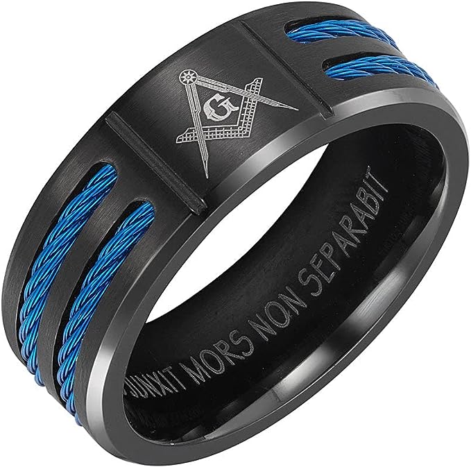 Genuine Titanium Black 8mm Wide Blue Masonic Man Ring High Polished Comfort Fit.