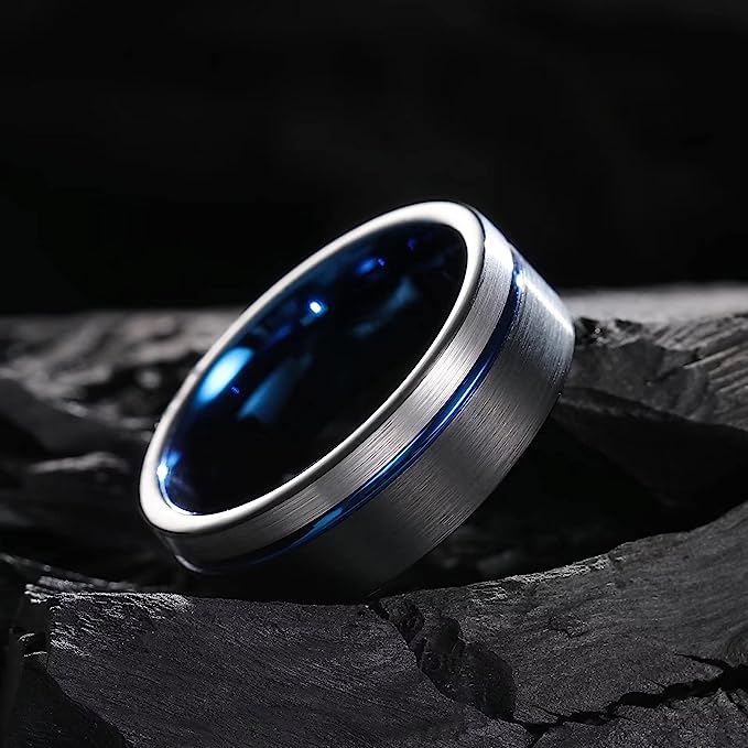 One: Genuine Tungsten Carbide 8mm Blue High polish smooth inner face, brings you both the elegance and comfort, slides on and off easily  Tungsten Carbide Black and Silver Surface Brushed Blue Groove line Finish Comfort Fit wedding band Size 6-15