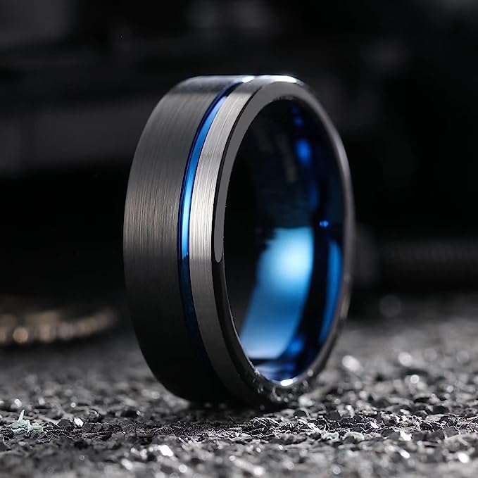 One: Genuine Tungsten Carbide 8mm Blue High polish smooth inner face, brings you both the elegance and comfort, slides on and off easily  Tungsten Carbide Black and Silver Surface Brushed Blue Groove line Finish Comfort Fit wedding band Size 6-15