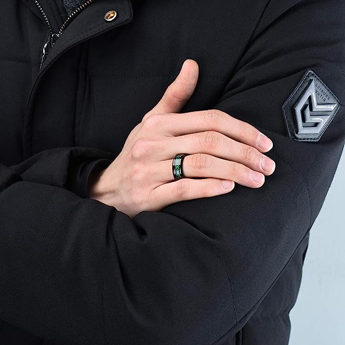 Genuine Carbide Tungsten Color: BLACK Laser Celtic Dragon GREEN Fiber Inlay 8mm RING Polished Shiny Comfort Fit Wedding Band Size Size 6-15