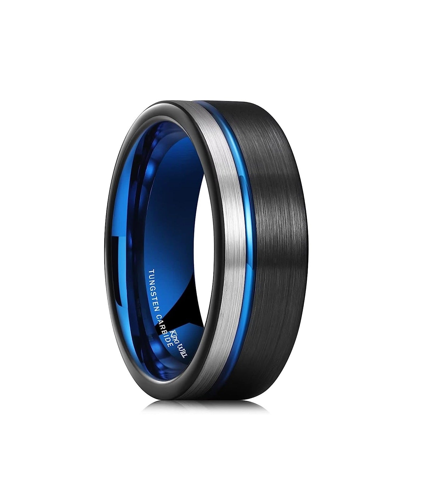 One: Genuine Tungsten Carbide 8mm Blue High polish smooth inner face, brings you both the elegance and comfort, slides on and off easily  Tungsten Carbide Black and Silver Surface Brushed Blue Groove line Finish Comfort Fit wedding band Size 6-15