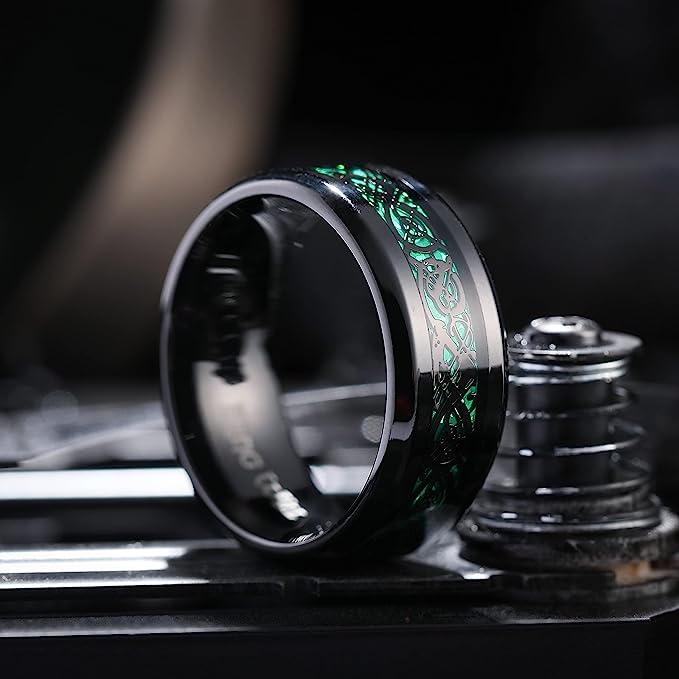 Genuine Carbide Tungsten Color: BLACK Laser Celtic Dragon GREEN Fiber Inlay 8mm RING Polished Shiny Comfort Fit Wedding Band Size Size 6-15