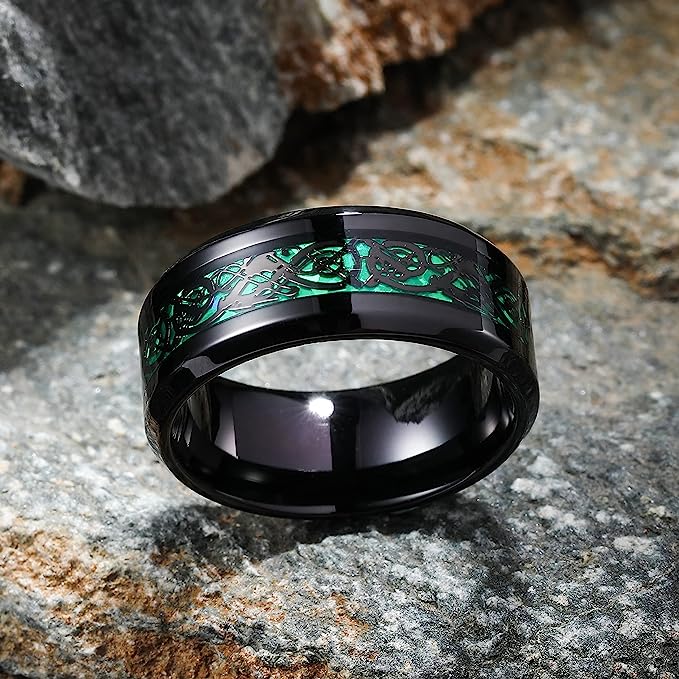 Genuine Carbide Tungsten Color: BLACK Laser Celtic Dragon GREEN Fiber Inlay 8mm RING Polished Shiny Comfort Fit Wedding Band Size Size 6-15