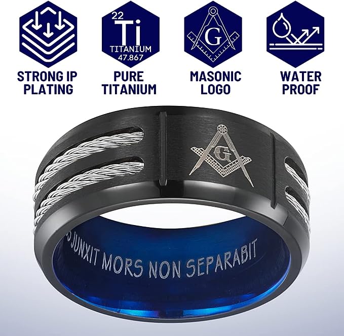 Genuine Titanium Black 8mm Wide Blue Masonic Man Ring High Polished Comfort Fit.