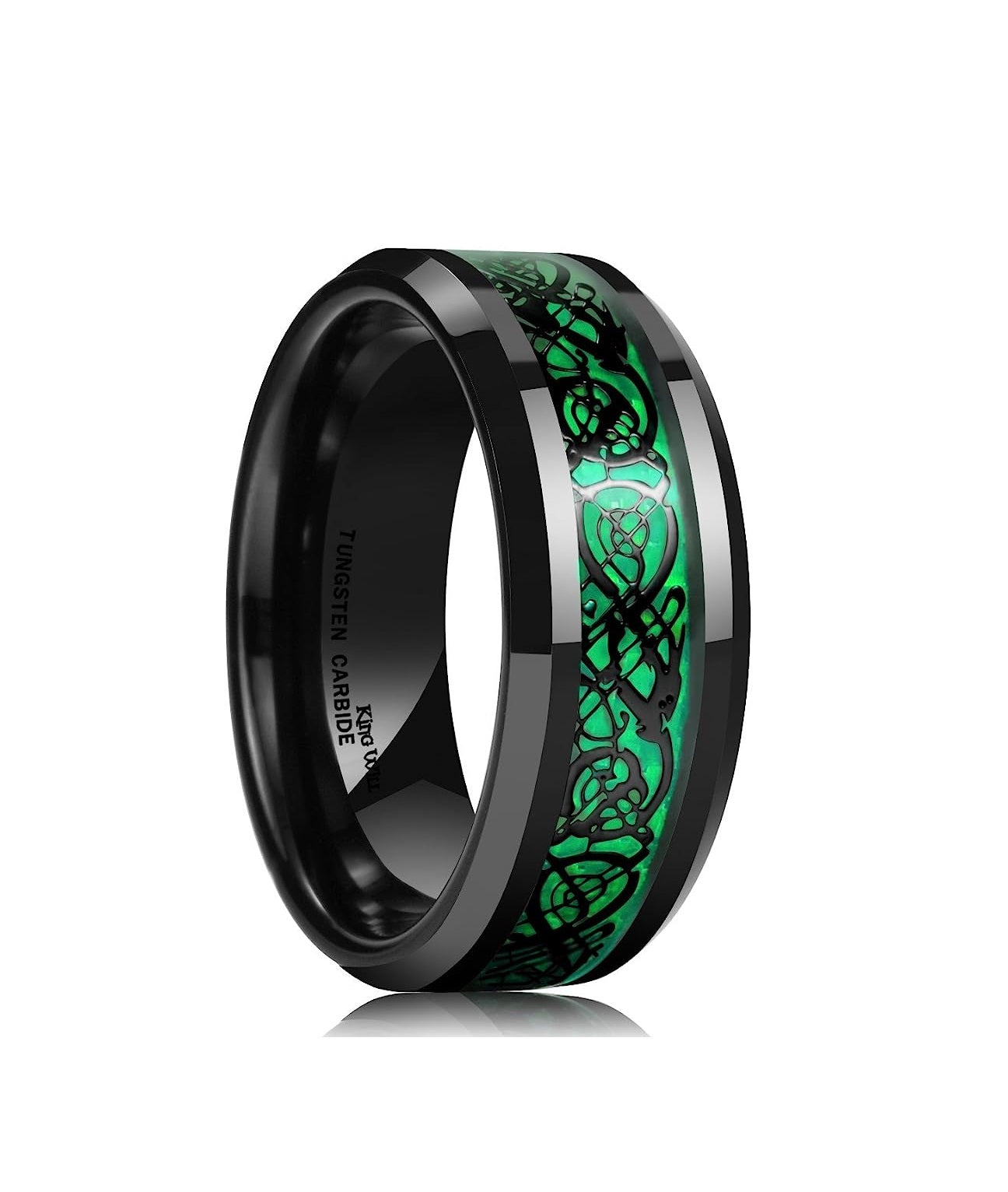 Genuine Carbide Tungsten Color: BLACK Laser Celtic Dragon GREEN Fiber Inlay 8mm RING Polished Shiny Comfort Fit Wedding Band Size Size 6-15