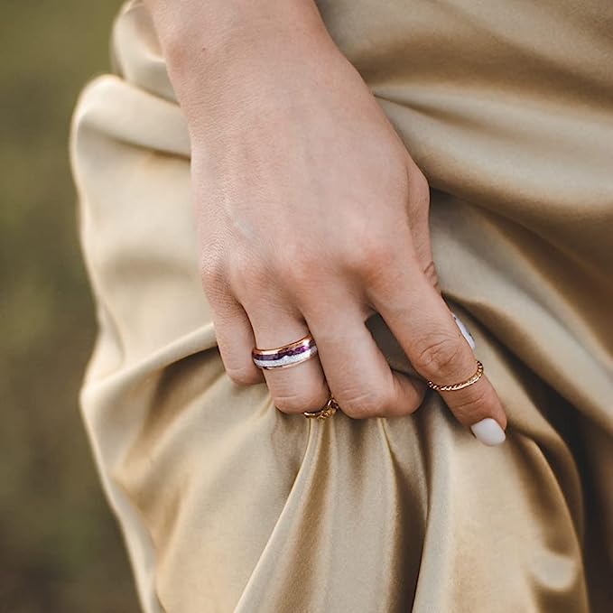 Gorgeous 8mm Imitated Meteorite & Agate Inlay Rose Gold Inner high polished inner-face design smooth and shiny. Comfort Fit Wedding Band Size 6-15
