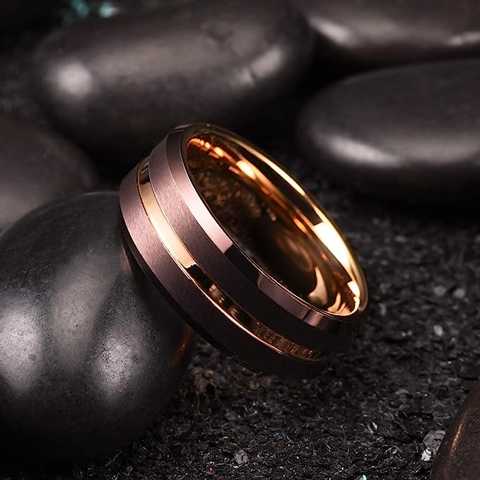 Genuine Carbide Tungsten Color: 8mm Wide Rose Gold & Brown matte finish & grooved center and high polished inner-face design smooth and shiny. Comfort Fit Wedding Band Size 6-15