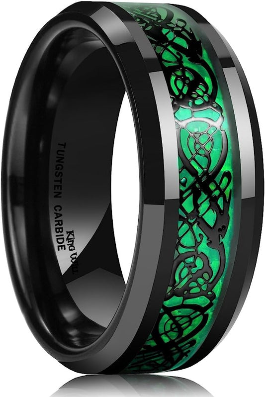 Genuine Carbide Tungsten Color: BLACK Laser Celtic Dragon GREEN Fiber Inlay 8mm RING Polished Shiny Comfort Fit Wedding Band Size Size 6-15