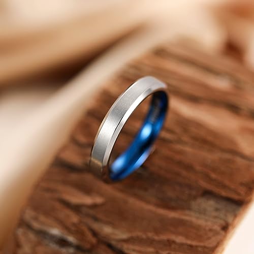 Genuine Titanium Silver Brushed Blue 4mm Wide Ring Wedding Band High Polished Comfort Fit.