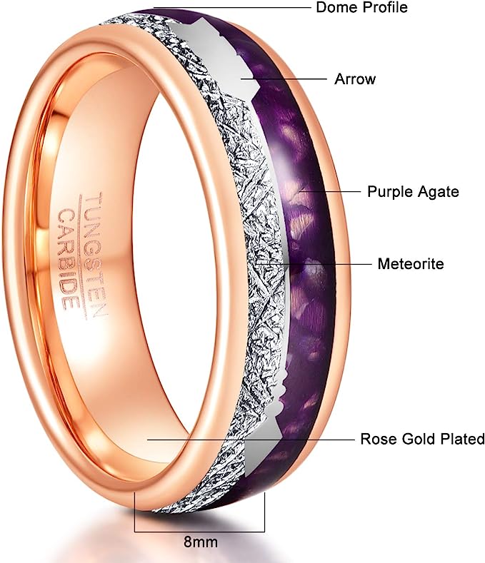 Gorgeous 8mm Imitated Meteorite & Agate Inlay Rose Gold Inner high polished inner-face design smooth and shiny. Comfort Fit Wedding Band Size 6-15