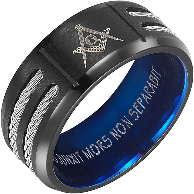 Genuine Titanium Black 8mm Wide Blue Masonic Man Ring High Polished Comfort Fit.